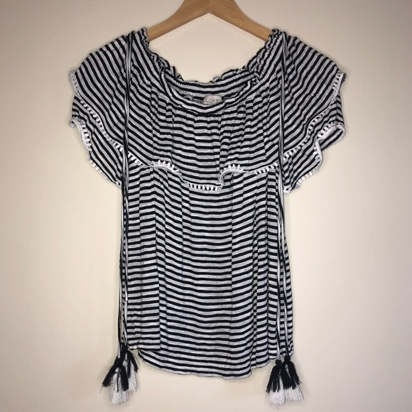 LOFT Women’s Off Shoulder Striped Tasseled Summer Top Size Large - Picture 5 of 9